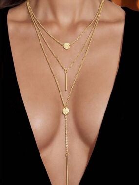 Layered Gold Bar and Coin Lariat Necklace - Gold
